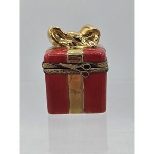 Limoges France Peint Main Red And Gold Gift Trinket Box With Scissors